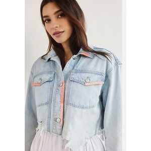 Pilcro by Anthropology‎ Cropped Denim Trucker Jacket Embroidered Raw Hem Women's